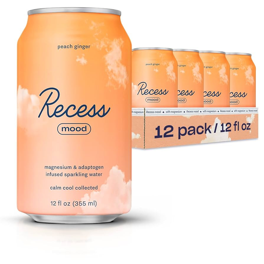 Recess Mood Magnesium & Adaptogen Drink, Relaxation Beverage, 12 ounce (Peach Ginger, 12 pack) | Amazon (US)