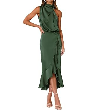 KIRUNDO Women 2025 Summer Fall Satin Mock Neck Wedding Guest Party Cocktail Midi Dress Sleeveless... | Amazon (US)