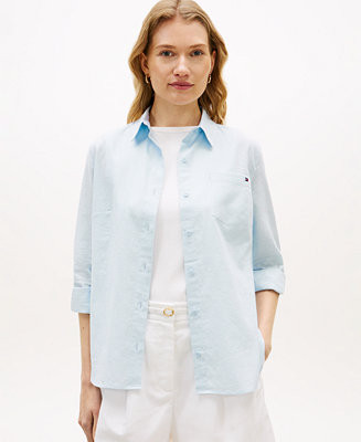 Women's Linen Roll-Tab Sleeve Collared Shirt | Macy's