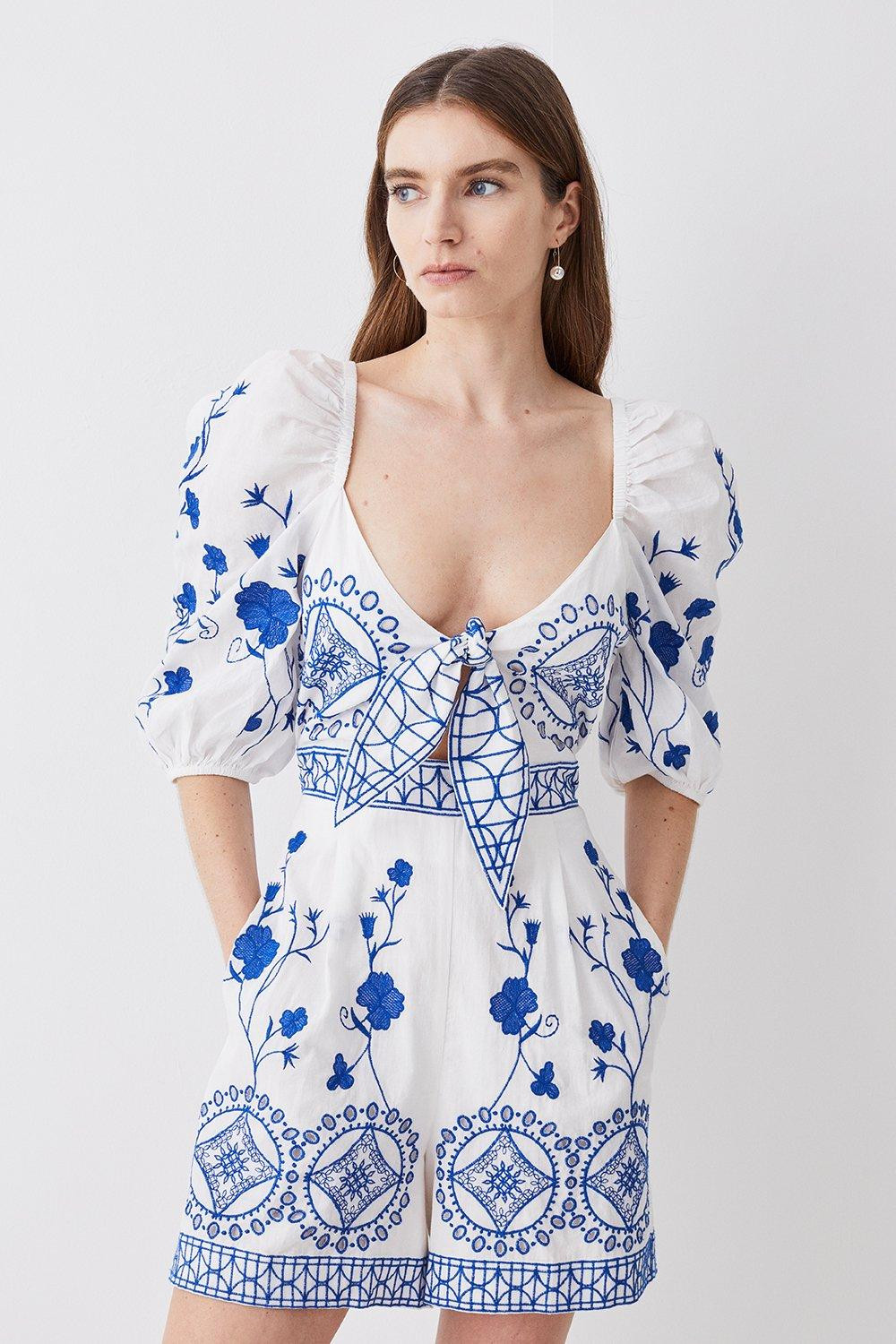 Floral & Geo Embroidered Woven Playsuit | Karen Millen UK + IE + DE + NL