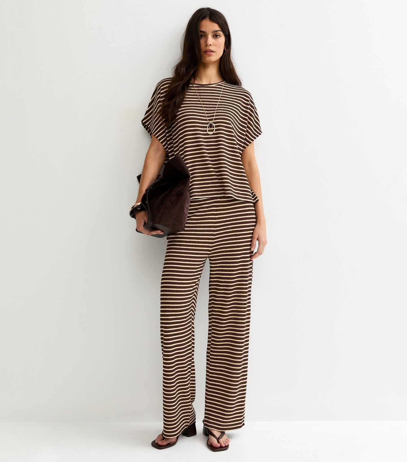 Brown Textured Striped Wide Leg Trousers | New Look | New Look (UK)