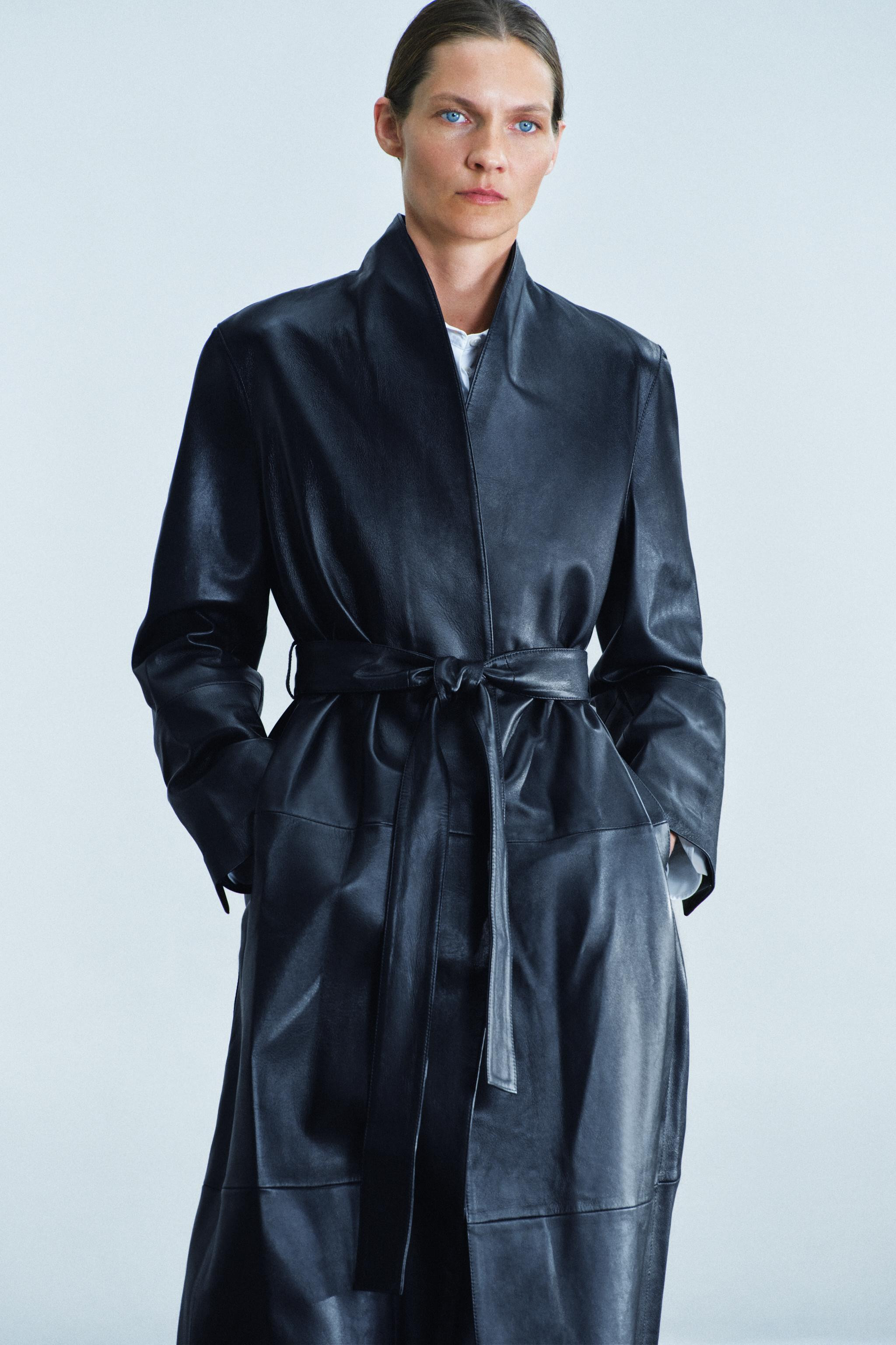 ZW COLLECTION 100% LEATHER BELTED LONG COAT | Zara US