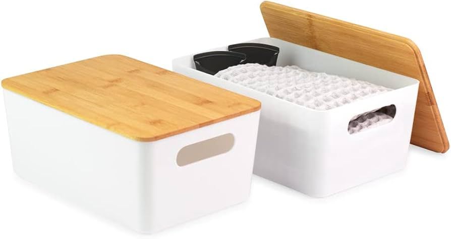 Isaac Jacobs 2-Pack Medium White Storage Bin Set w/Cut-Out Handles and Bamboo Lid, Plastic Organi... | Amazon (US)