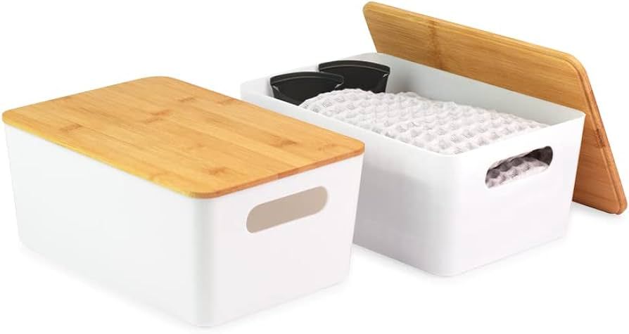 Isaac Jacobs 2-Pack Medium White Storage Bin Set w/Cut-Out Handles and Bamboo Lid, Plastic Organi... | Amazon (US)