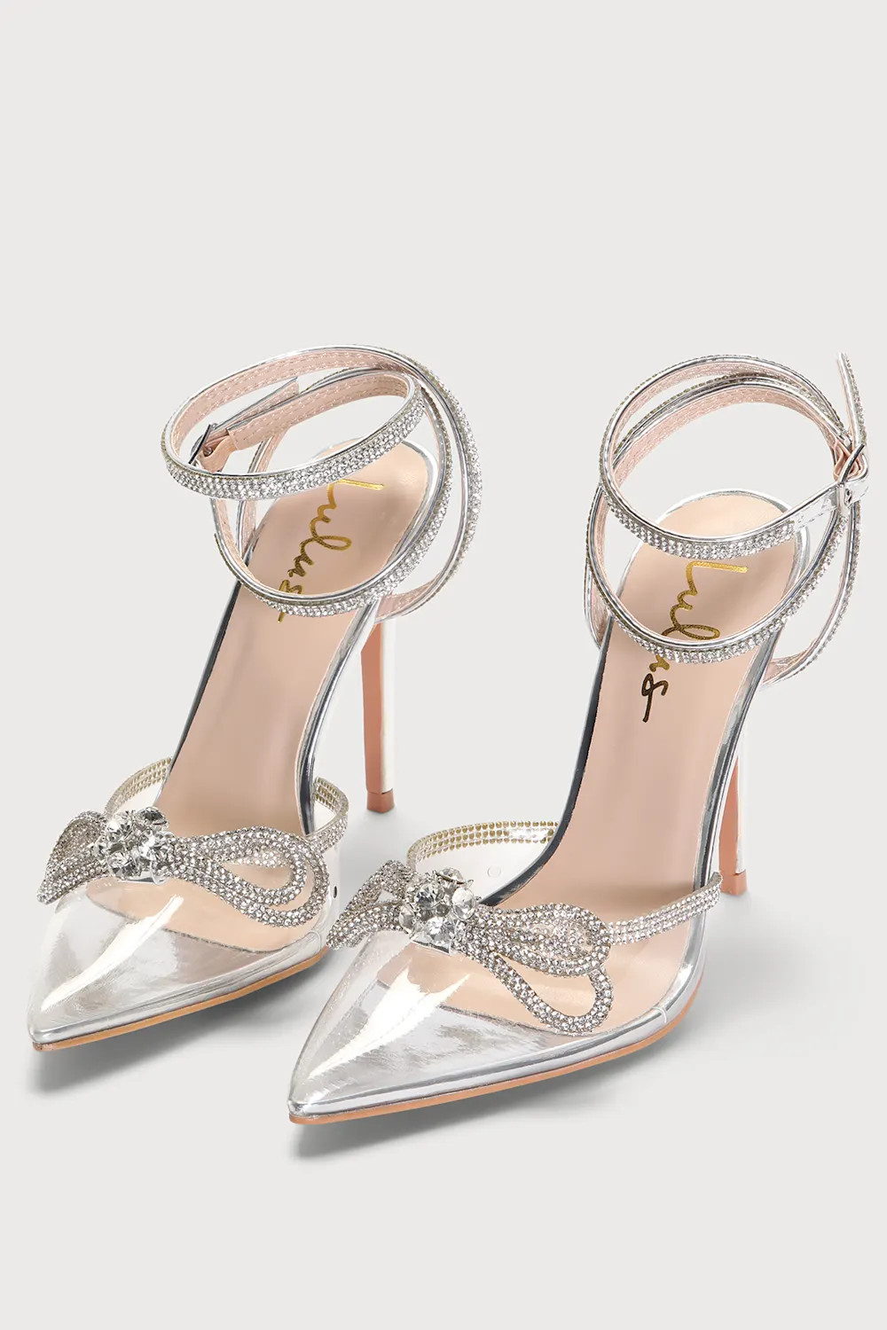 Lullie Silver Vinyl Rhinestone Ankle Strap Pointed-Toe Pumps | Lulus