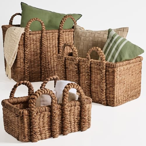 Best Choice Products 3Pc Shelf Baskets, Small, Large and XL Chunky Woven Wicker Rattan Storage Baskets w/Braided Handles, Organizer Bins for Blankets, Pillows, Shoes and Toys - Chestnut | Amazon (US)