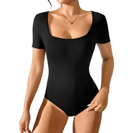 LANBAOSI Bodysuit for Women Short Sleeve Shapewear Black Seamless Leotards Top Square Neck Size L | Walmart (US)