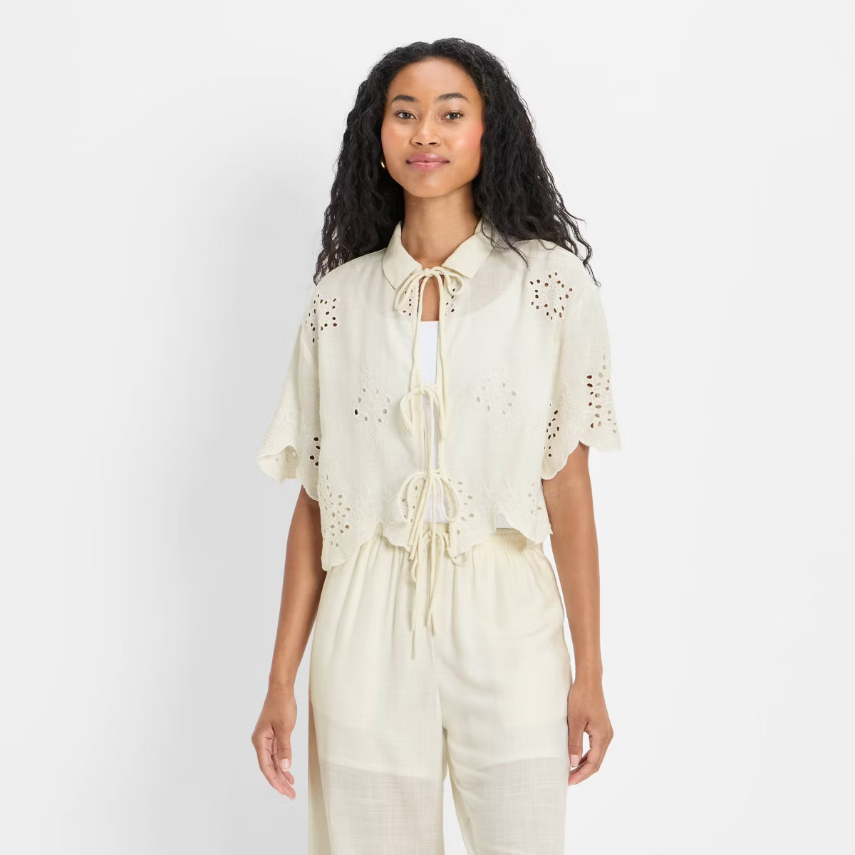 Women's Short Sleeve Embroidered Tie-Front Blouse - Future Collective | Target