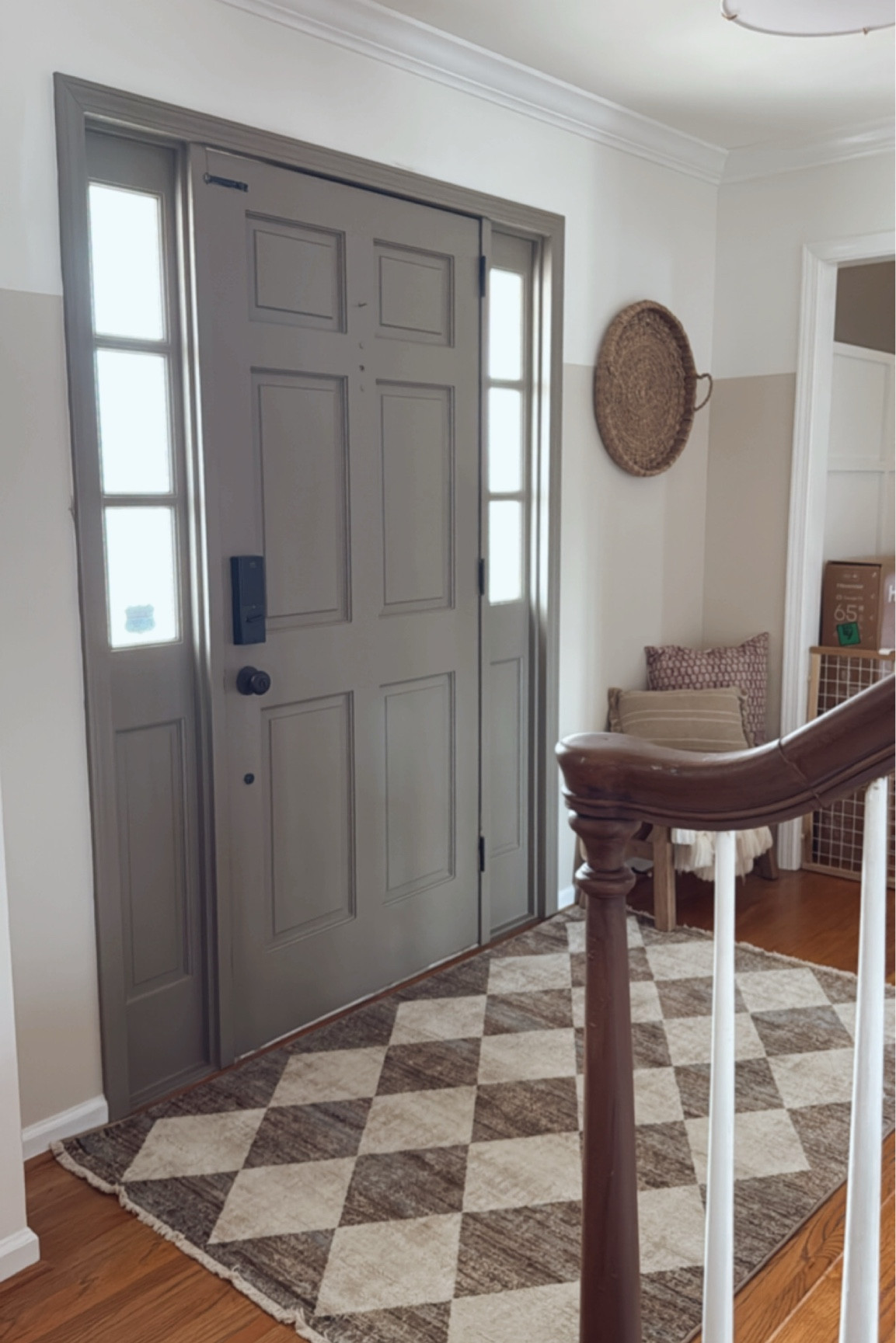 Hallway view 

Upper walls: BM Chantilly Lace
Lower Walls: BM Natural Cream 
Door: Castlemoss (linked)


Window film for privacy 
Checkered rug

#LTKStyleTip #LTKHome
