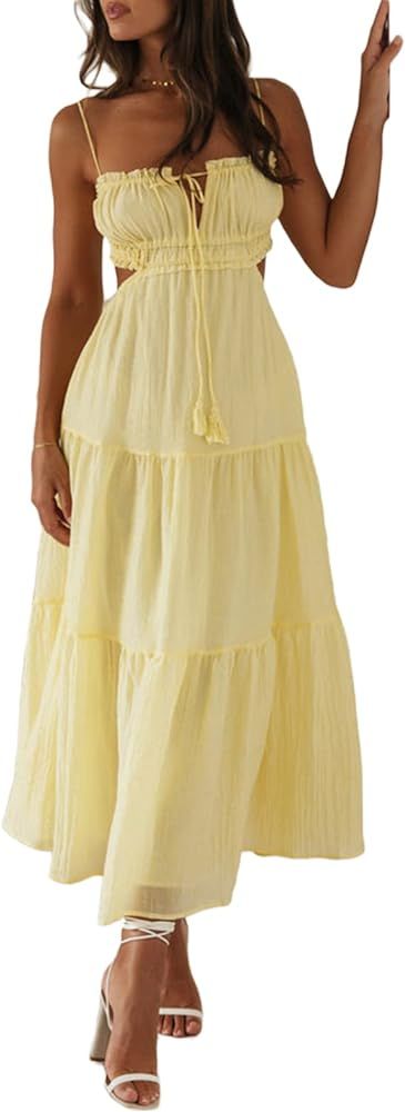 Awoscut Womens Summer Backless Long Dresses Side Cutouts Spaghetti Straps Maxi Dress Wedding Part... | Amazon (US)