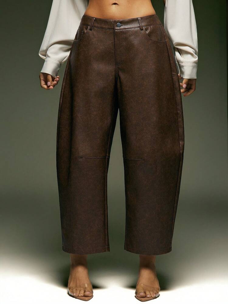 Denimoi Barrel Leg Faux Leather Pant For Fall And Winter Fashionable GNO Date Night Barrel Pants | SHEIN