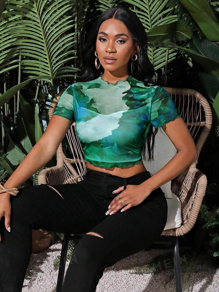 SHEIN Essnce Women Casual Tie-Dye Mesh Short Crop Top For Summer | SHEIN