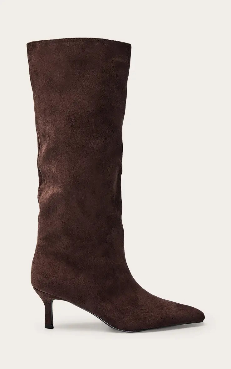 Chocolate Faux Suede Snipped Toe Low Heel Knee Boots | PrettyLittleThing UK