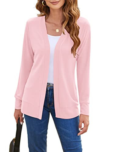 Pink Cardigan for Women Casual Lightweight Open Front Summer Classic Cardigan Sweaters for Work(XX-Large,Pink) | Amazon (US)