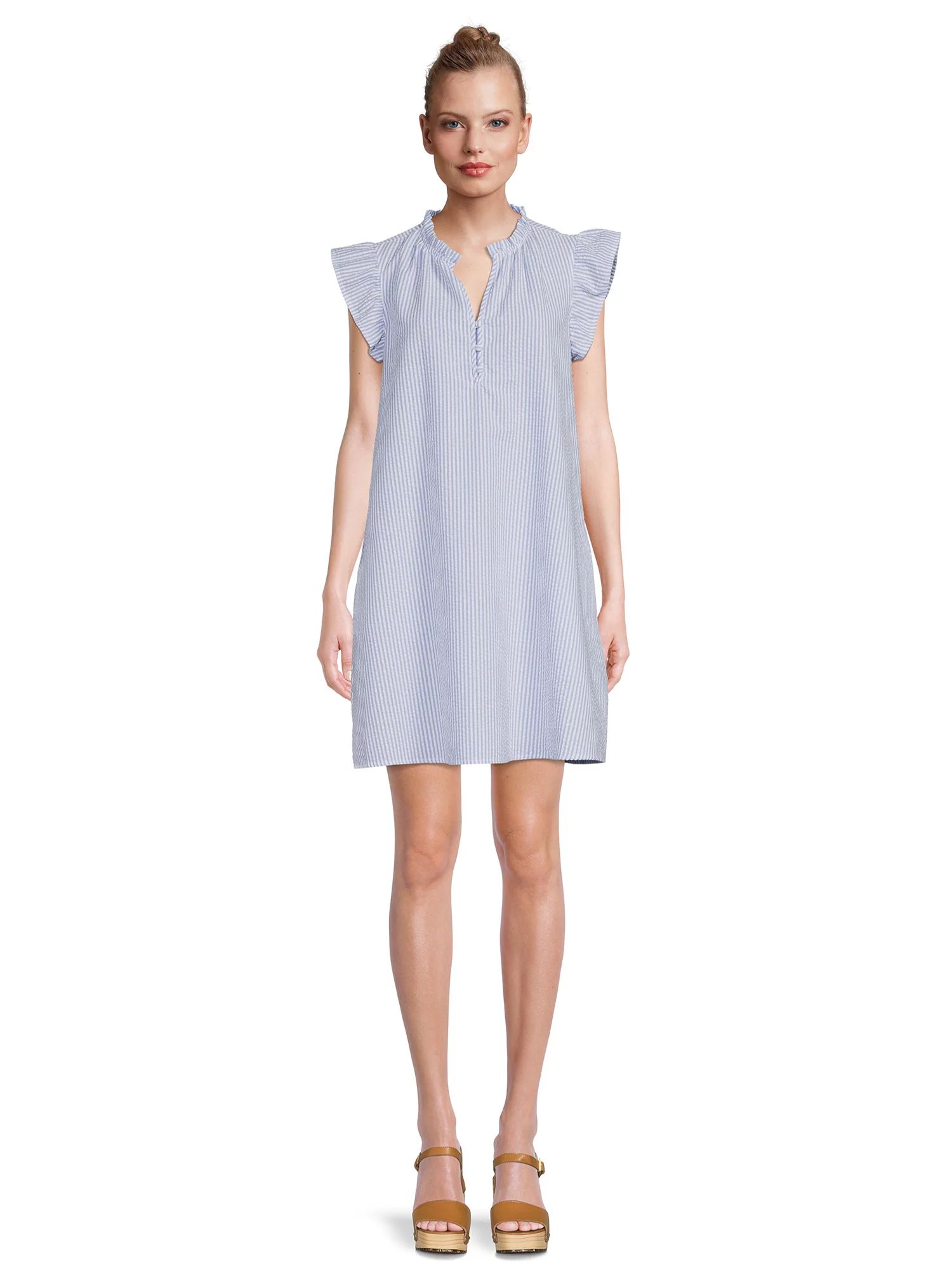 Time and Tru Women's Ruffle Collar Dress with Flutter Sleeves, Sizes XS-XXXL | Walmart (US)