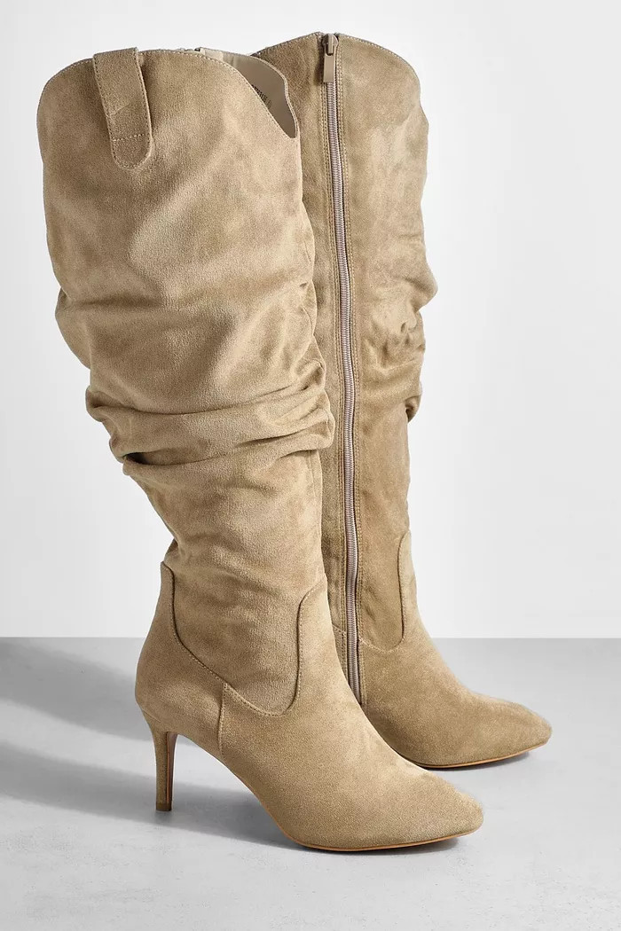Wide Width Low Heel Slouchy Knee High Boots | boohoo (US & Canada)