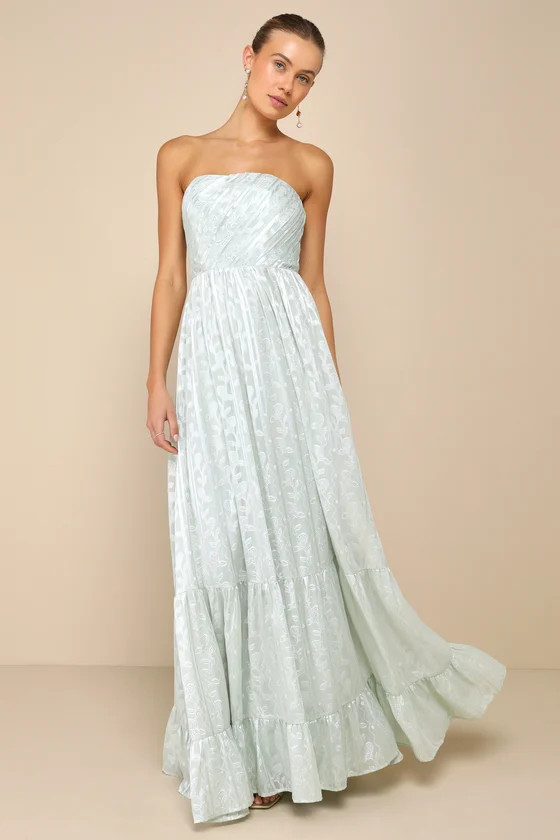 Adorably Elegant Sage Jacquard Floral Strapless Maxi Dress | Lulus