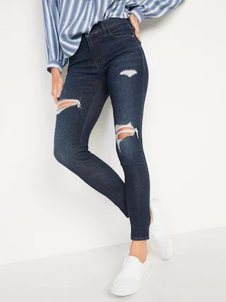 Mid-Rise Rockstar Dark-Wash Ripped Super Skinny Jeans for Women | Old Navy (US)