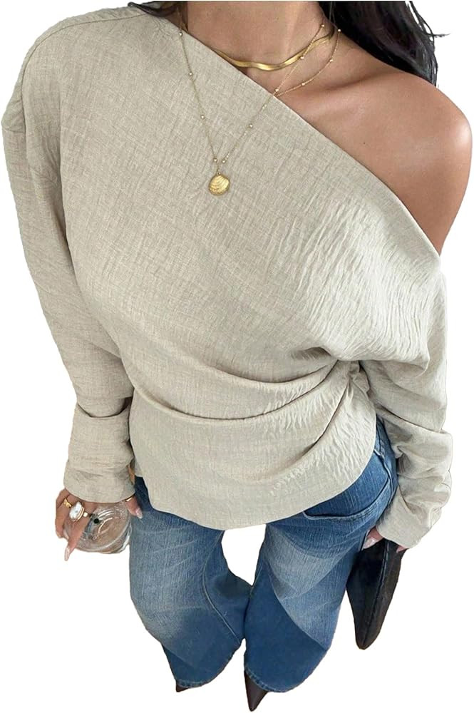 SweatyRocks Women's Off The Shoulder Long Sleeve Blouses Ruched Asymmetrical Cinched Waist Tops | Amazon (US)