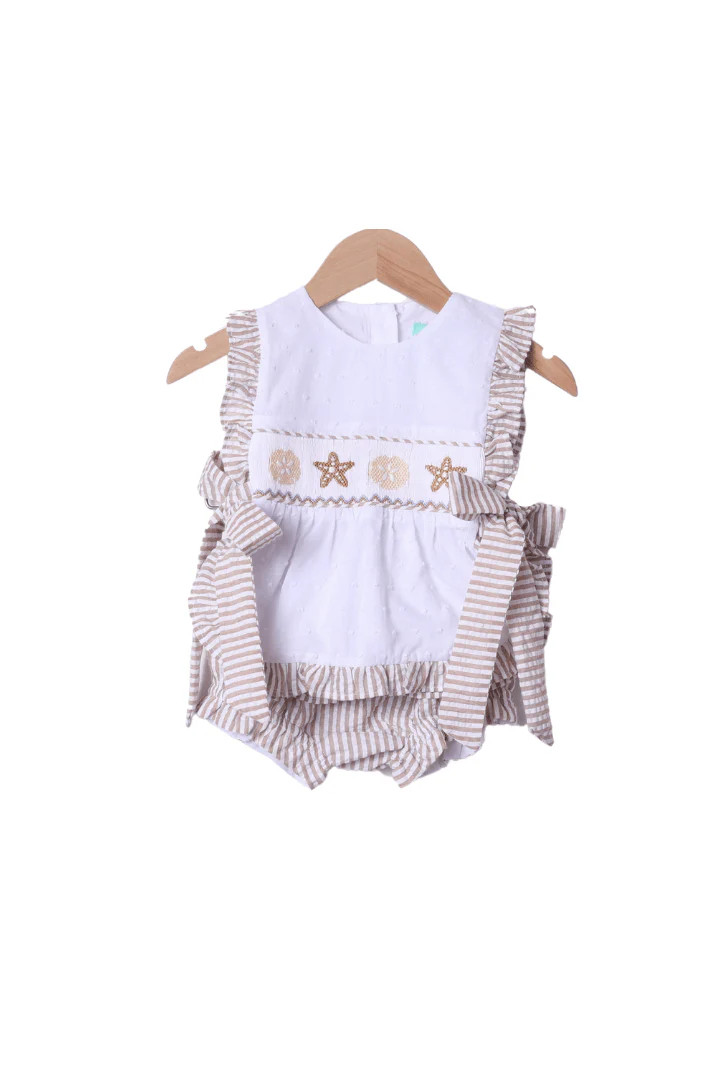Smocked Starfish White Swiss Dot/Khaki Seersucker Apron Set | The Smocked Flamingo