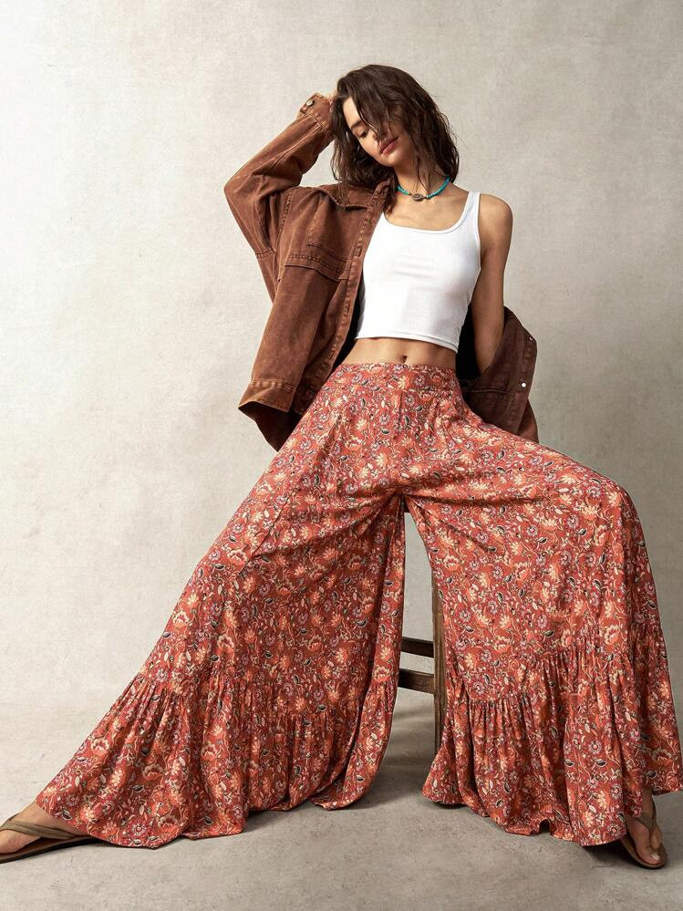 Bohemela Women's Vacation Floral Print Wide Leg Loose Pants With Ruffled Hem | SHEIN