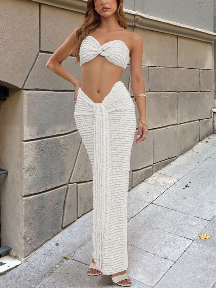2 pieces outfit-crop top and high waisted tie maxi skirt set summer  | SHEIN