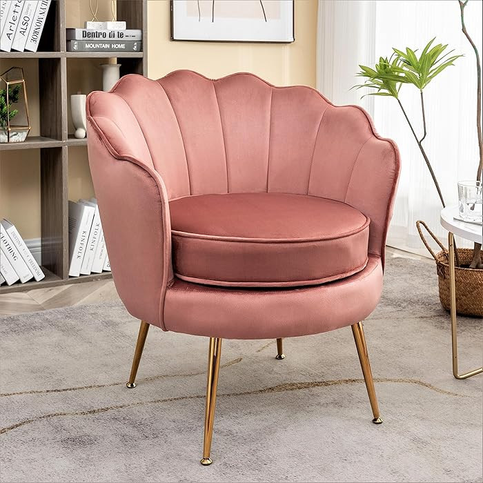Velvet Barrel Accent Chair with Scalloped Silhouette and Gold Metal Legs, Decorative Piece Suitab... | Amazon (US)