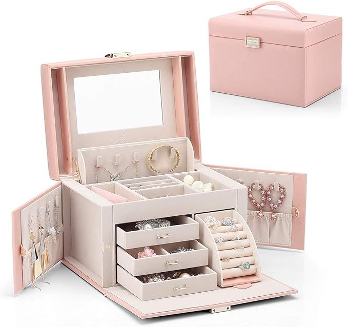 Vlando Jewelry Box, Faux Leather Medium Jewelry Organizer, Vintage gift for Women -Pink-Cross Pat... | Amazon (US)