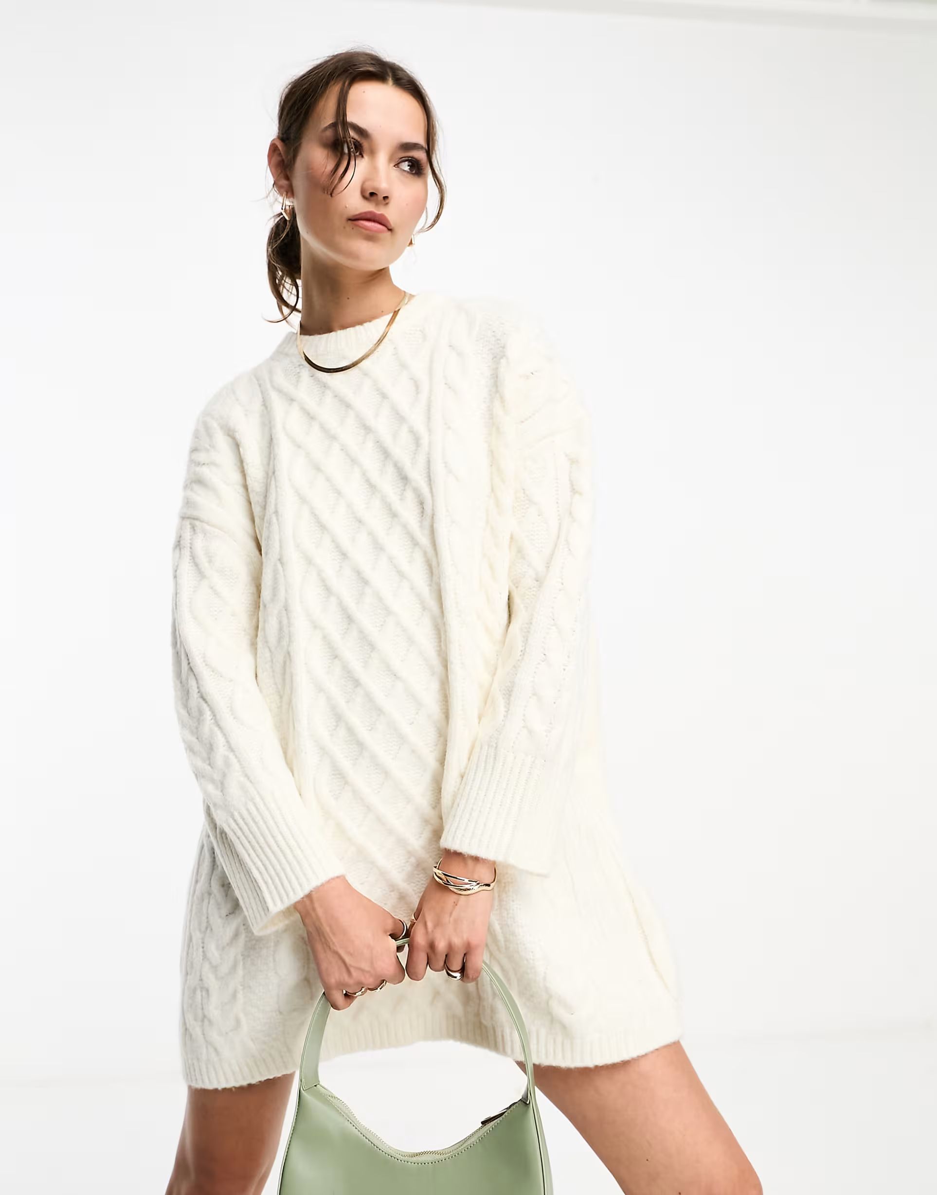 ASOS DESIGN knit cable mini sweater dress in cream | ASOS (Global)