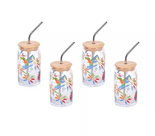 Temp-tations Set of 4 Glass Tumblers with Wood Lids and Straws - QVC.com | QVC