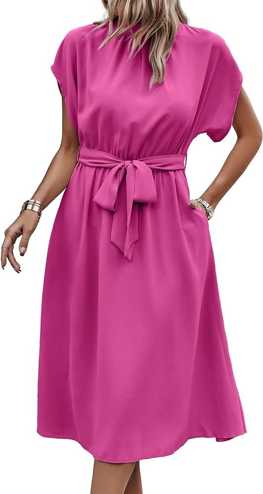 Angashion Womens Dresses, Short Sleeve Casual Summer High Neck Work Solid Midi Length Belted Dres... | Amazon (US)