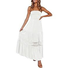 ZESICA Women's 2023 Summer Bohemian Strapless Off Shoulder Lace Trim Backless Flowy A Line Beach ... | Amazon (US)