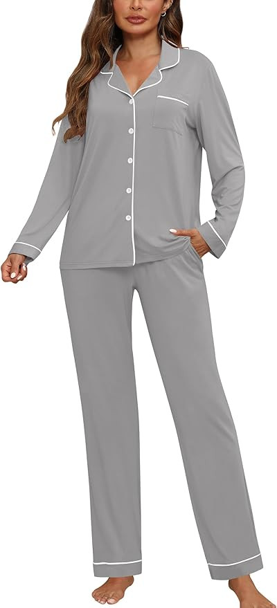 Womens Pajamas Sets 2 Piece Long Sleeve and Pant Pj Sets Button Up Sleepwear | Amazon (US)