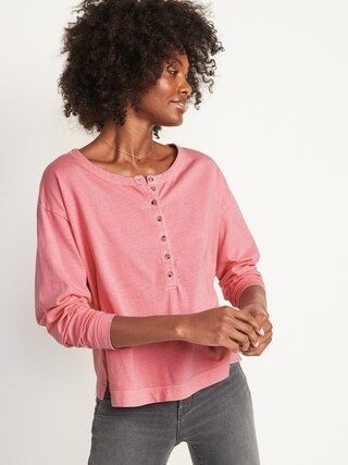 Loose Garment-Dyed Long-Sleeve Henley T-Shirt for Women | Old Navy (US)