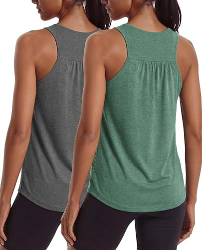 PINSPARK Workout Tops for Women Racerback Tank Top Moisture Wicking Athletic Yoga Shirts Sleeveless Crewneck Running Sports Muscle Tee,Dark Grey/Dark Green L | Amazon (US)
