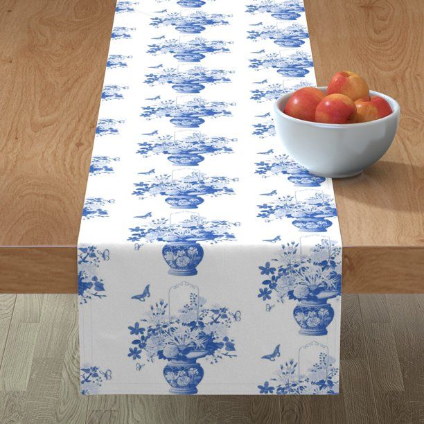 Table Runner Chinoiserie Blue And White Vase Of Flowers Cotton Sateen | Walmart (US)