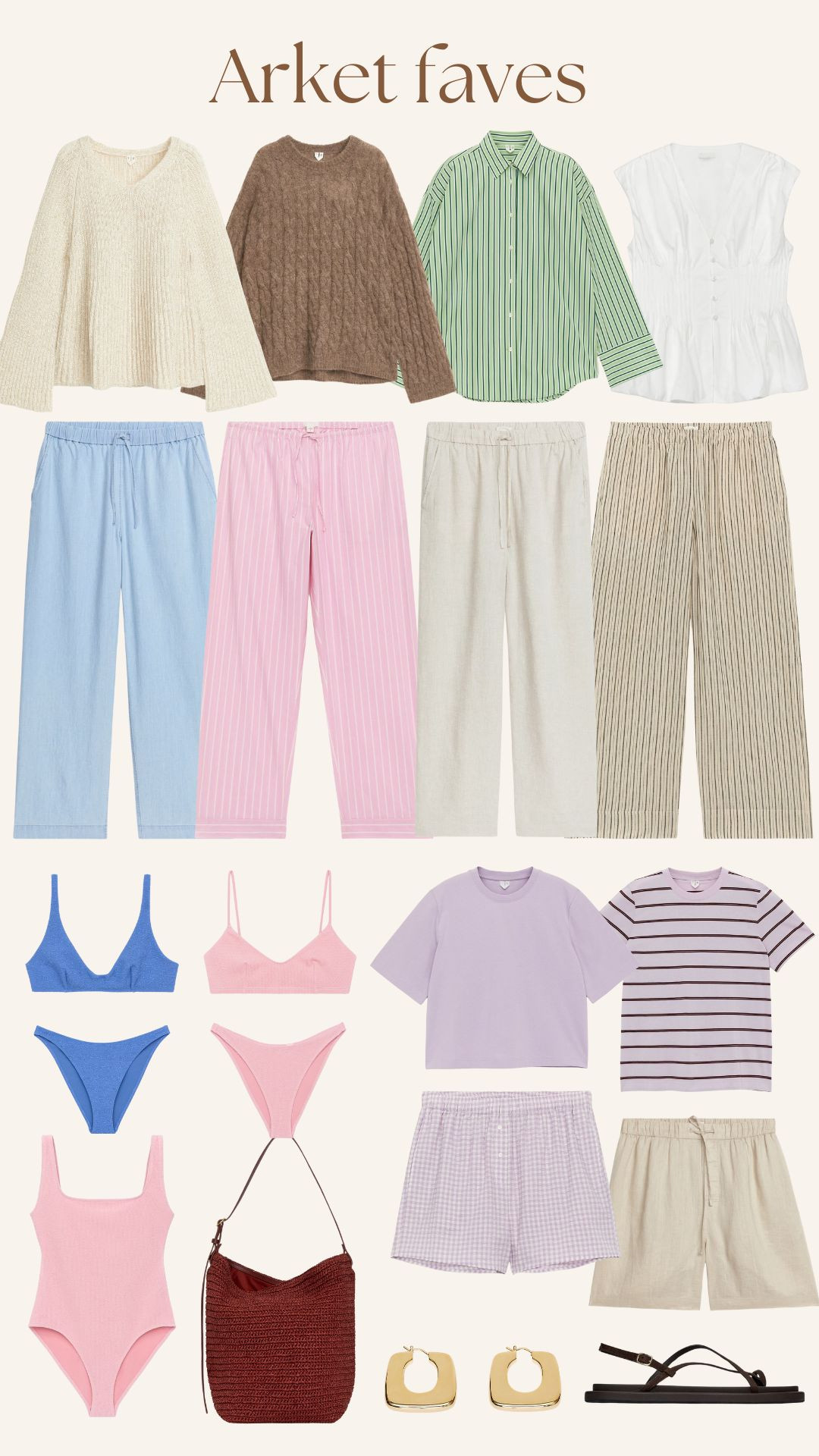 My Arket favourites for summer ✨ Linen, linen trousers, linen shorts, tailoring, pastels, stripes, bikini, square neck, woven bag, sandals, summer outfit, holiday outfit 

 #LTKuk #LTKsummer #LTKsale