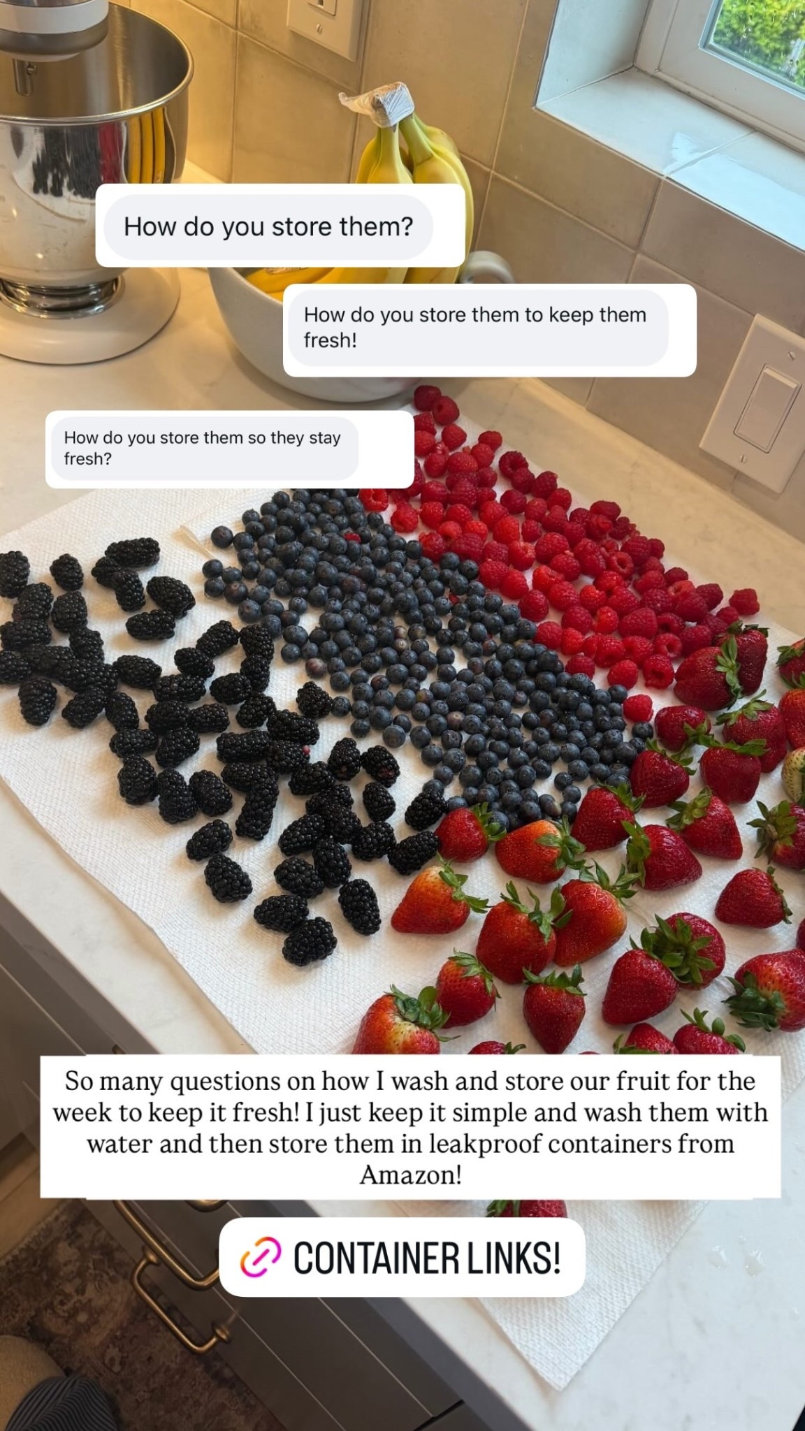 So many questions on how I wash and store our fruit for the week to keep it fresh! I just keep it simple and wash them with water and then store them in leakproof containers from Amazon!