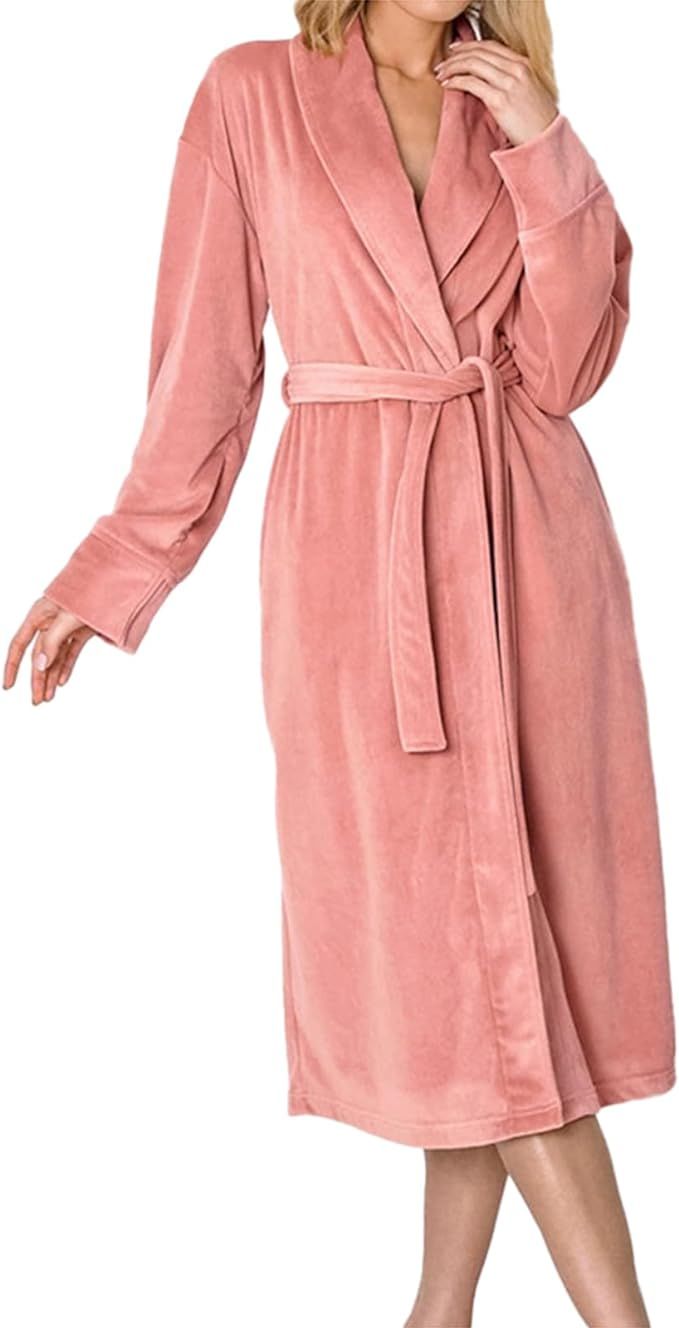 Women's Velvet Robe,Soft Warm Bathrobe shawl collar Long-Sleeves Kimono Sleepwear Nightgown with ... | Amazon (US)