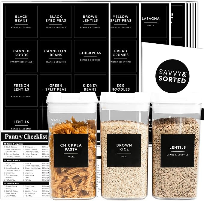 SAVVY & SORTED Black Labels for Containers, 180 Kitchen Labels for Food Storage Container, Pantry... | Amazon (US)