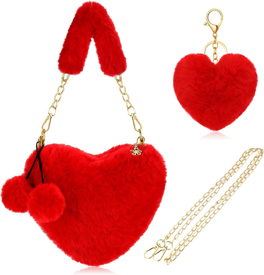 Abbylike Furry Heart Shaped Purse Fluffy Faux Fur Shoulder Bag Crossbody Bag for Women Girls Hall... | Amazon (US)