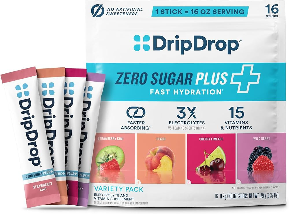 DripDrop Zero Sugar Plus - Sugar Free Hydration Packets - Single Serve Electrolytes Powder Drink ... | Amazon (US)
