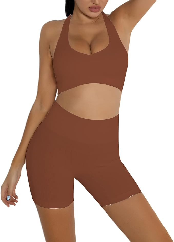 DADAB Workout Sets Two Piece Outfits for Women Clothes Gym Yoga Seamless Racerback Sports Bra Tan... | Amazon (US)