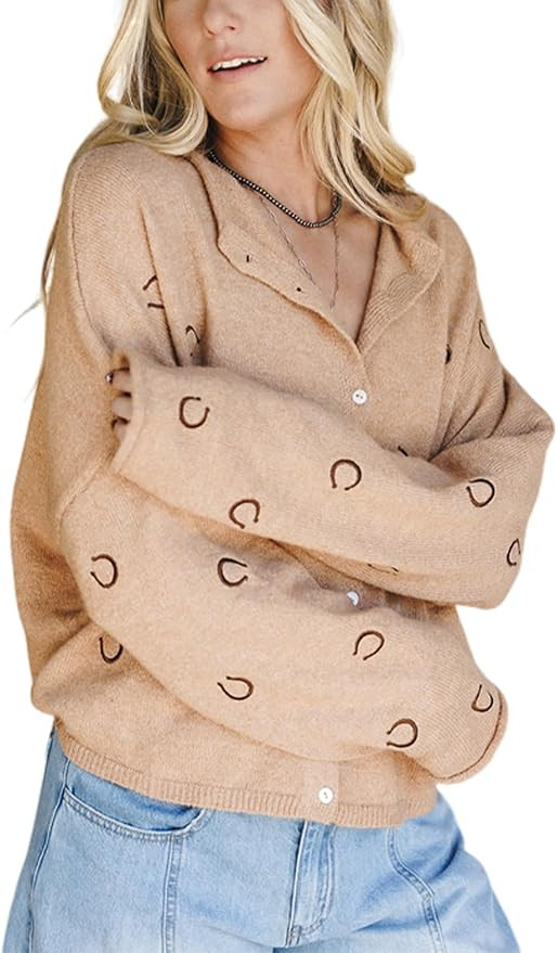Hongsui Women's Casual Long Sleeve Cardigan Full Button Closure Horseshoe Embroidery Sweater Ribb... | Amazon (US)
