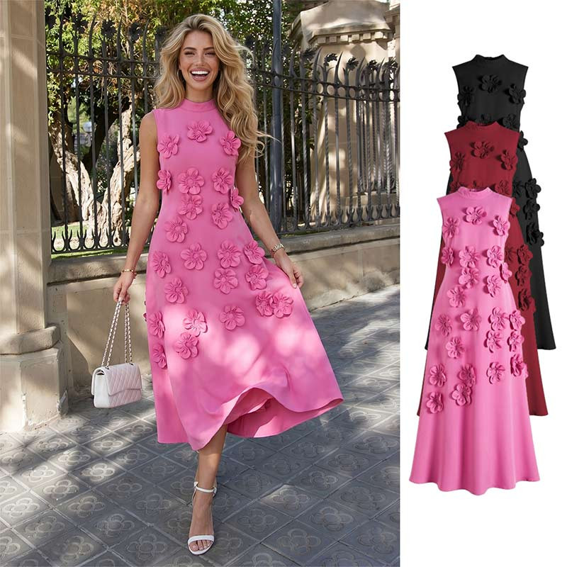 3D Floral Applique Tie Back Sleeveless Maxi Dress in Hot Pink for Wedding Receptions & Cocktail P... | Chicwish