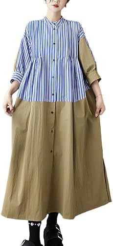 ellazhu Women's Dress Patchwork Strip Lapel Button Down Long Sleeve Vintage Summer Plus Size GZ56... | Amazon (US)