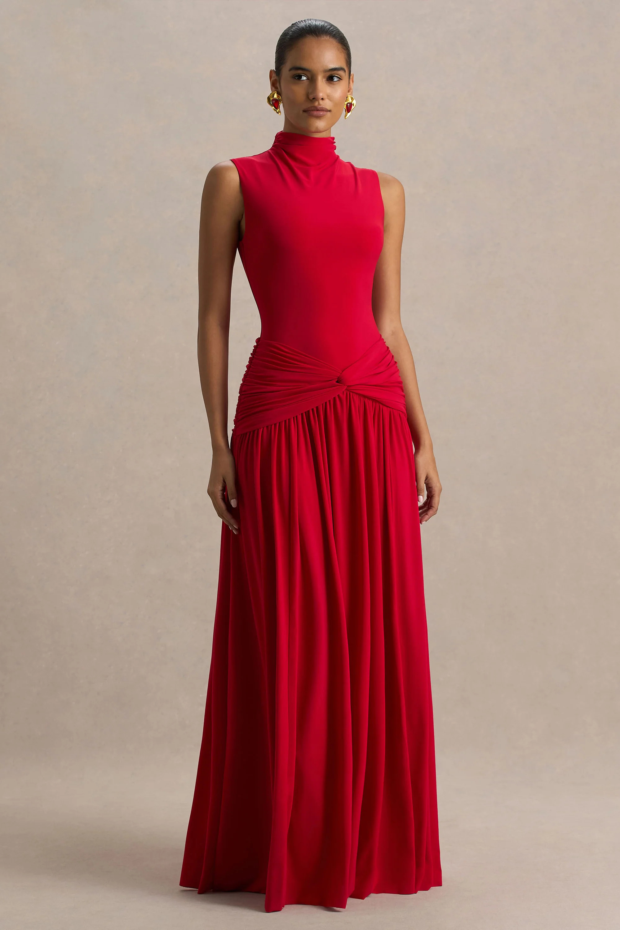 Cascade | Red High-Neck Maxi Dress With Twist Detail | Club L London