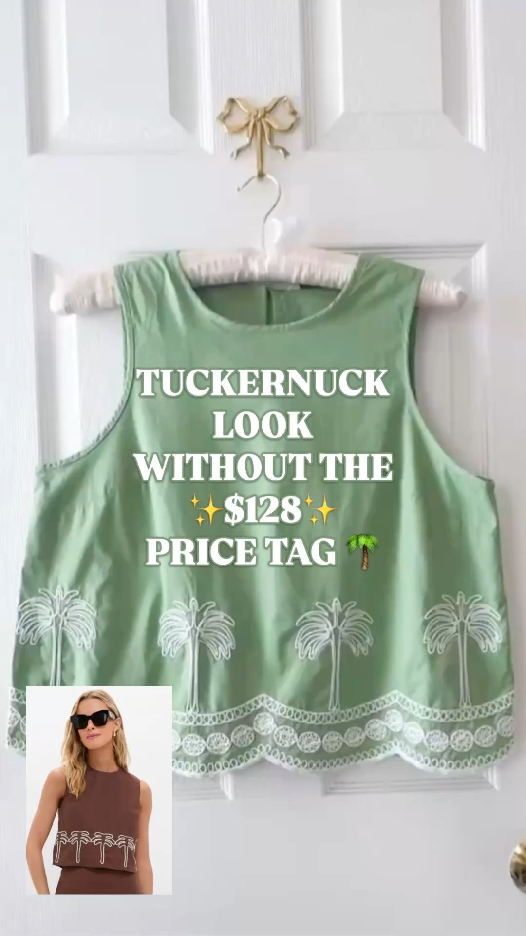 Tuckernuck look for less | embroidered cotton top | preppy summer outfit | vacation outfit | designer look for less

This embroidered cotton top is giving Tuckernuck look for less, and it is on sale for under $30 right now.

The palm embroidery, scalloped embroidered hem, sleeveless shape, crew neckline, keyhole back, and 100% cotton fabric make it look so much more expensive than the price. The embroidery detail is what makes this feel special: polished, coastal, preppy, and very Palm Beach summer.

This is the kind of top that instantly makes white jeans, denim shorts, linen pants, a skirt, tailored shorts, or straight leg jeans feel like a full outfit. It has that easy designer-inspired look women search for when they want something cute for summer without spending Tuckernuck money.

Also available in beige if you want a softer neutral version.

Wear it for brunch, church, date night outfits, teacher outfits, work outfits, casual office outfits, vacation dinners, beach trips, resort lunches, coastal shopping days, summer weekends, country club plans, and warm weather outfits when you want one pretty top to do the work.

If you love Tuckernuck tops, palm embroidery, preppy summer style, coastal outfits, Palm Beach style, white jeans outfits, vacation outfits beach, date night outfits, teacher outfits, work outfits, and designer looks for less, this is such a strong under $30 find.

Tuckernuck look for less, Tuckernuck inspired top, palm embroidered top, embroidered cotton top, 100 cotton top, green embroidered top, beige embroidered top, sleeveless top, summer top women, preppy summer outfit, preppy style, Palm Beach style, coastal outfit, white jeans outfit, date night outfit, teacher outfit, work outfit, business casual outfit, vacation outfit, vacation outfits beach, designer look for less, affordable fashion find

#LTKFindsUnder50 #PreppyStyle #VacationOutfit #LookForLess #SummerOutfit #Tuckernuck #LillyPulitzer #SummerOutfits

#LTKSaleAlert #LTKSeasonal #LTKTravel