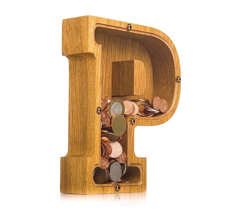 Adult money box LETTER P Wood piggy bank for girls & boys Personalized tip jar Wooden coin bank l... | Amazon (US)