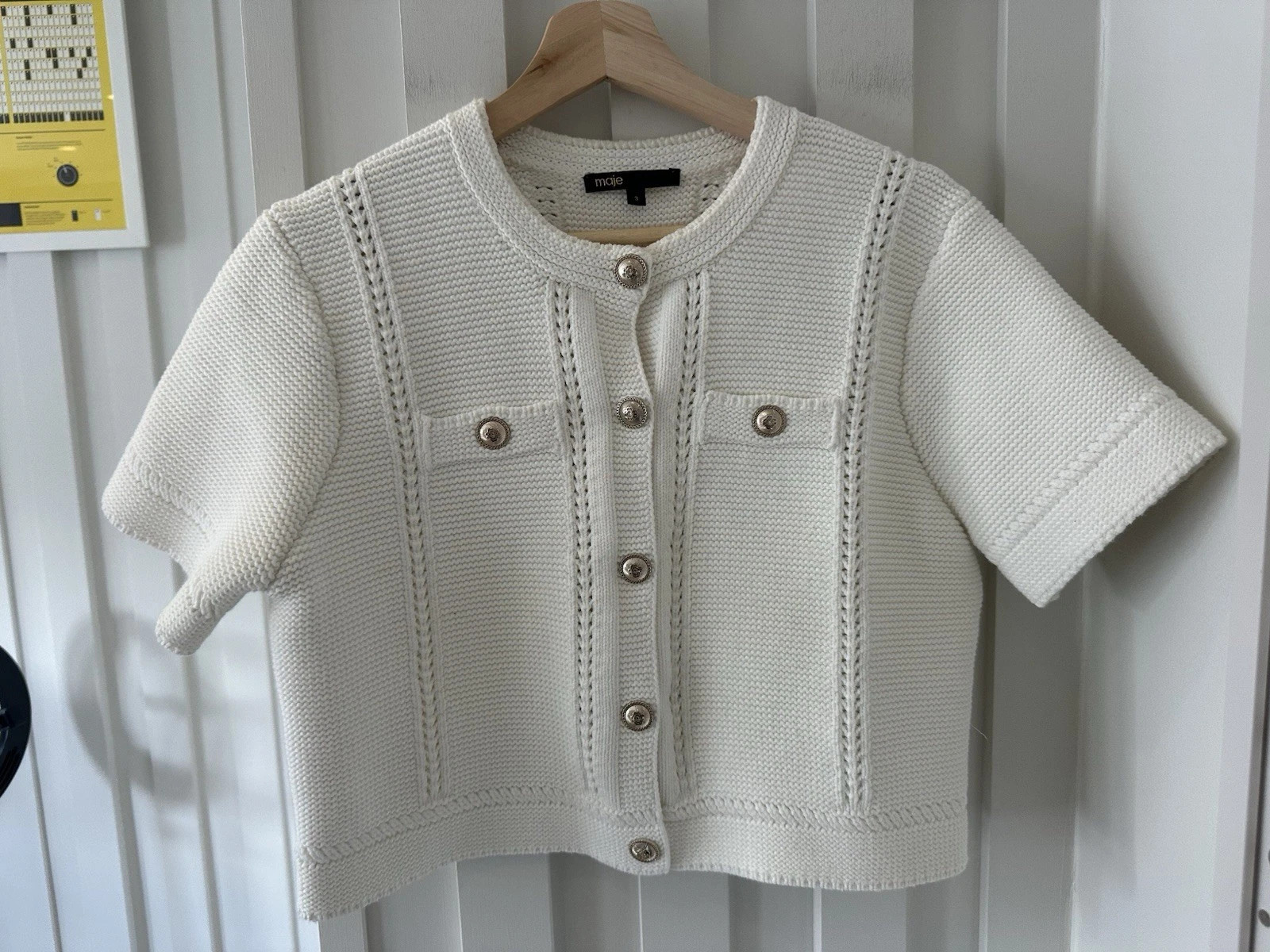 Maje Marcel Cardigan Jacket short sleeve cropped gold buttons knit Size 3 UK 12 | eBay | eBay US